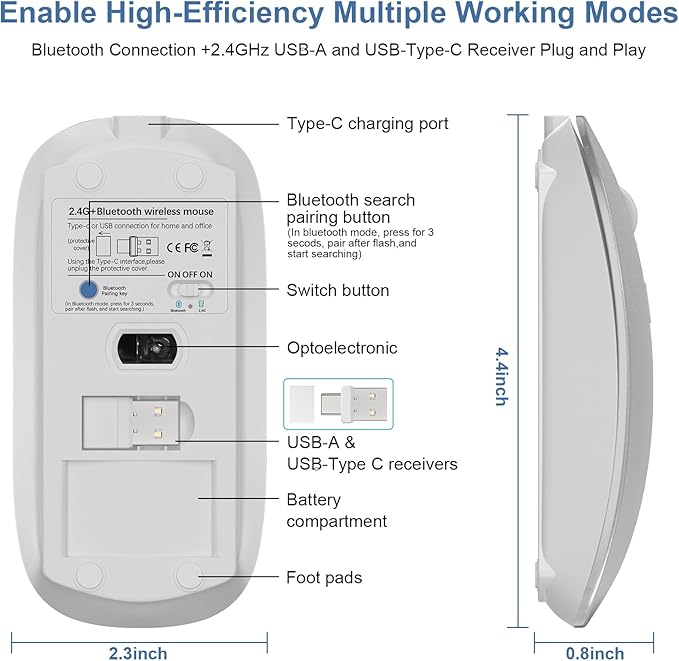 Wireless Bluetooth Mouse for Mac Air MacBook Pro Laptop PC Pad Optical Rechargeable Silent Mouse with Jiggler Mode Dual Mode Switch Bluetooth 5.2/3.0 and 2.4G USB-A &amp USB-C Receiver Silvery