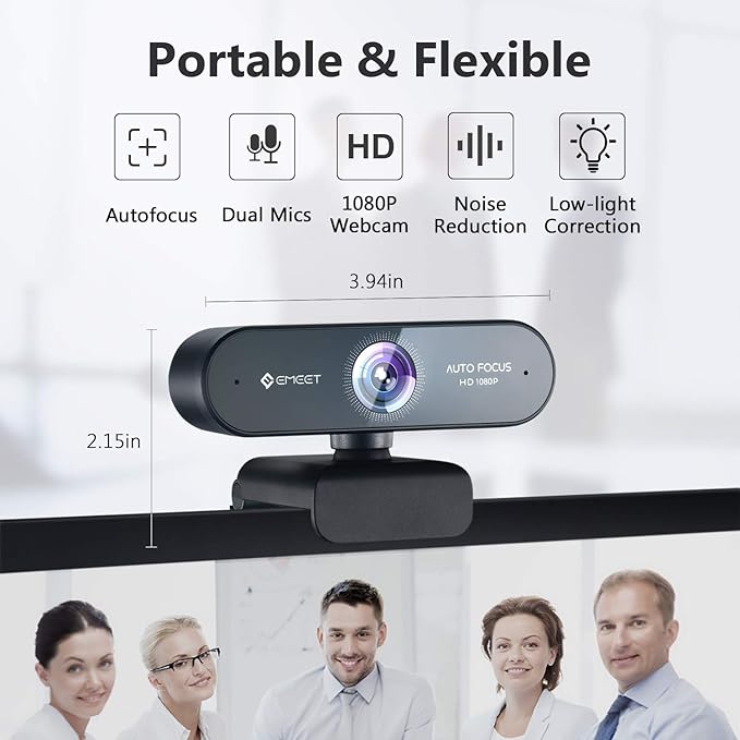 1080P Webcam with Microphone eMeet Nova AutoFocus HD Webcam 96°View Web Camera w/ 2 De-Noise Mics for Laptop/Desktop Plug &amp Play USB Streaming Computer Camera for Conference/Calling/Teaching/Ga