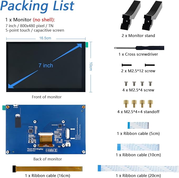 FREENOVE 7 Inch Touchscreen Monitor for Raspberry Pi 5 4 B 3 B+ A+ 800x480 Pixel TN Display 5-Point Touch Capacitive Screen Driver-Free MIPI DSI Port