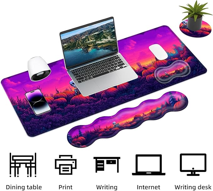 Keyboard Mouse Pad Set Extended Gaming Mouse Pad+Ergonomics Keyboard Wrist Rest Support Memory Foam Easy Typing Pain Relief 4Pcs XL Ultra Thick Desk MatHalloween Skull Pumpkin