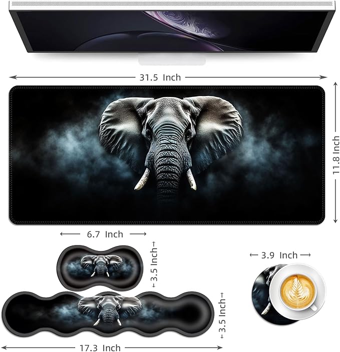 Keyboard Mouse Pad Set Extended Gaming Mouse Pad+Ergonomics Keyboard Wrist Rest Support Memory Foam Easy Typing Pain Relief 4Pcs XL Ultra Thick Desk MatMisty Elephant