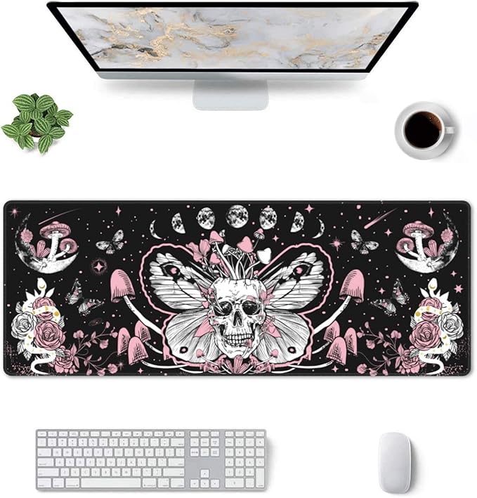 Hippie Mushroom Skull Mouse Pad Extended XL Gaming Mice Pad Office Desk Mat with Stitched Edges Non-Slip Oversized Desk Pad 31.5 X 11.8 Inch