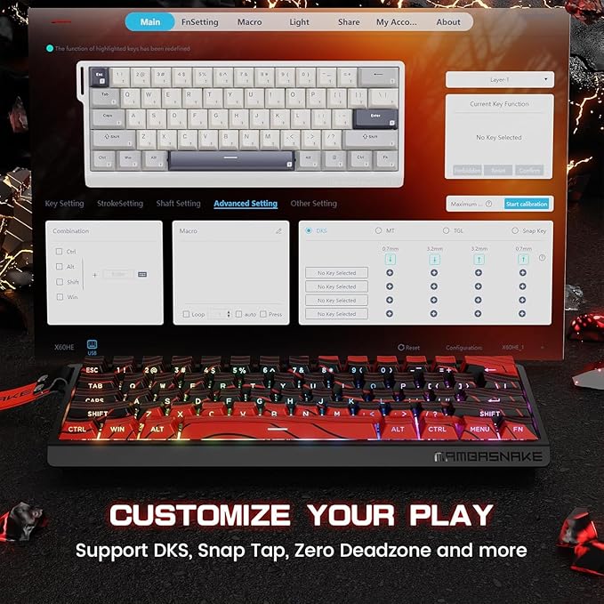 ATTACK SHARK MAMBASNAKE X60 HE Rapid Trigger Magnetic Switch 60% RGB Wireless Mechanical Gaming keyboard2.4Ghz/BT/Wired8KHZ Polling Rate0.01mm Adjustable ActuationWeb Driver for Win/Mac(Black Red)