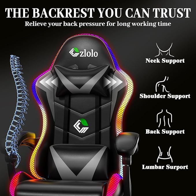 Gaming Chair RGB LED Lights Computer Chair with Footrest Lumbar Support Massager Gamer Chair High Back 90-135° Reclining Linkage Armrests Gray