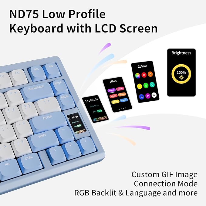 Mechanical Keyboard Chilkey ND75 LP Wireless Gaming Keyboard with LCD Screen Bluetooth 5.3/2.4G/USB-C Hot Swappable Per-Key RGB Custom Thin Front Wrist Rest Full-Aluminum PC/Mac Support