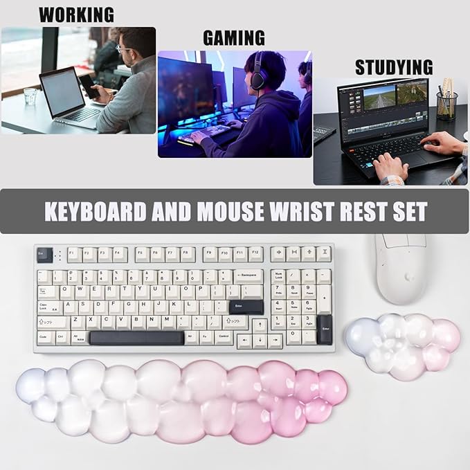 Ergonomic Cloud Silicone Gel Keyboard and Mouse Wrist Rest Set – Clear Wrist Rest for Computer Keyboard 60%/68%/75% Comfort &amp Support for Typing and Gaming (Light Pink Blue)