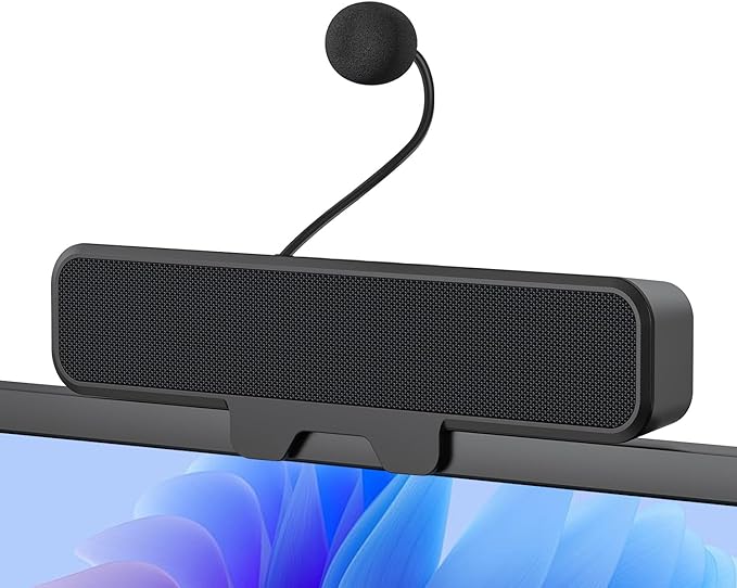 Computer Speakers with Microphone for Desktop PC USB Monitor Speakers with Clip Wired Laptop Sound Bar Stereo &amp Bass PC Speaker w/Mic for Meeting/Gaming/Online Learning Easily Clamps to Monit