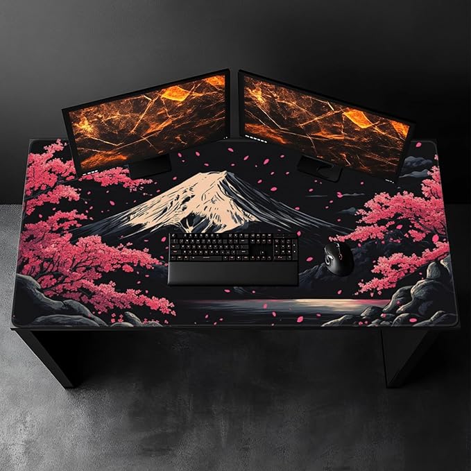 Extra XXXL Japanese Cherry Blossom Gaming Mouse Pad Watercolor Mouse Pads Keyboard Mat Stitched Edges Mousepad Non-Slip Rubber Base Desk Mat for Office &amp Home (48x24 Inch)