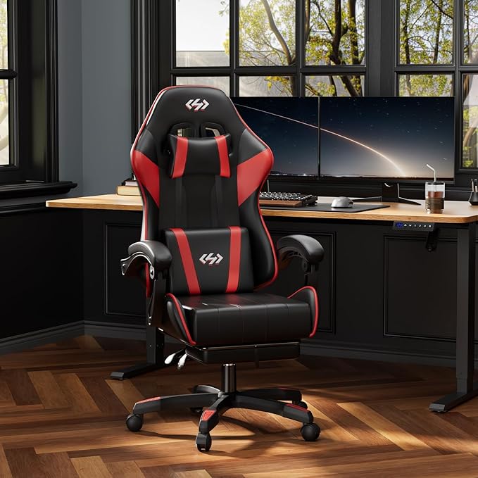 HLDIRECT Gaming Chair Ergonomic Computer Office Chair with Lumbar Support Footrest Headrest PU Leather 360° Swivel Adjustable Height Metal Frame 200 lbs Capacity (Black&ampRed)