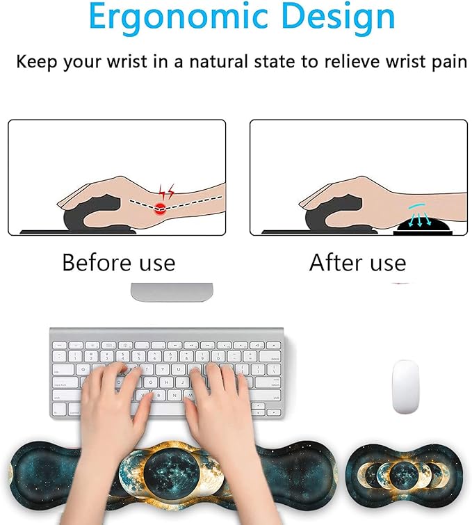 Keyboard Wrist Rest SetMemory Foam Wrist Support Mouse Pad31.5x11.8 Desk Mat for Comfortable Typing &amp Pain ReliefNon-Slip Base for Office &amp Home Use - Moon Phases
