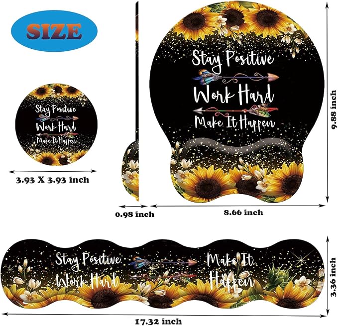 3 in 1 Keyboard Wrist Rest + Mouse Pad and Coaster Ergonomic Gel Mouse Pad and Keyboard Pad Set Comfortable Lightweight for Easy Typing Pain Relie Sunflower Inspirational Quote