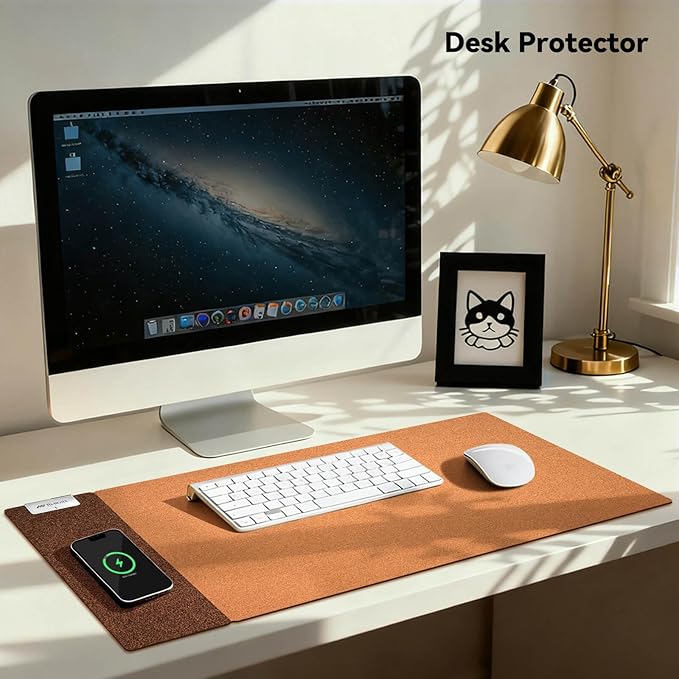 3-in-1 Eco Cork Wireless Charging Mouse Pad Dual-Sided Fast Charge Mouse Mat Extra Large Waterproof Office &amp Makeup Desk Protector Qi-Certified Desk Pad for iPhone/Samsung/AirPods