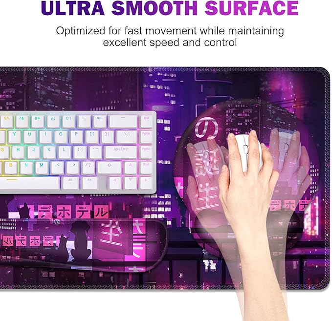 Gaming Mouse Pad Large Desk Mat Cute Desk Pad 4in1 XXL Mousepad + Keyboard Wrist Rest+Mouse Wrist Rest+Coaster Set with Ergonomic Desk Pad for Home Office Table Computer Purple Anime Neon