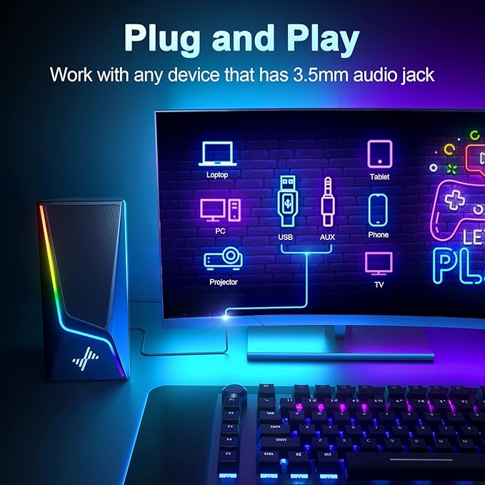 Nylavee Computer Speakers PC Speakers with 6 Lighting Modes USB Powered Computer Speakers for Desktop PC with 2 Bass-Boost Ports 2 Speaker Units and 3.5mm Aux-in for PC Laptop Monitor Gaming