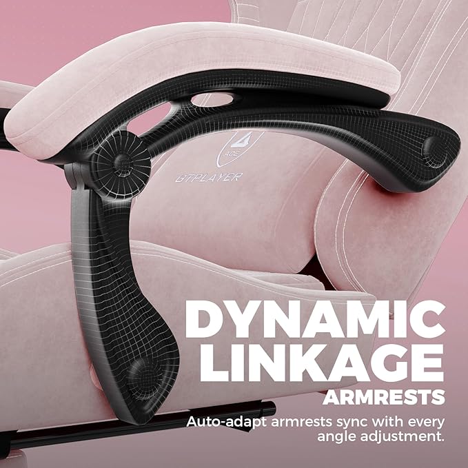 GTPLAYER ACE-PRO Music Gaming Chairs – Built-in Speakers App Support &amp Bluetooth Control Computer Game Chairs with Footrest for Adults Ergonomic Reclining Silla Linkage Armrest Pink 【Velvet】