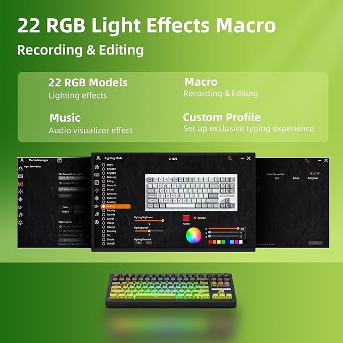 ZORNHER ZH870 Wireless Mechanical Gaming Keyboard80% Green Custom Creamy Sound Keyboard with Shine Through PBT KeycapsPre-lubed Linear SwitchesHot-SwappableRGB Backlit2.4GHz/USB-C/BT5.0