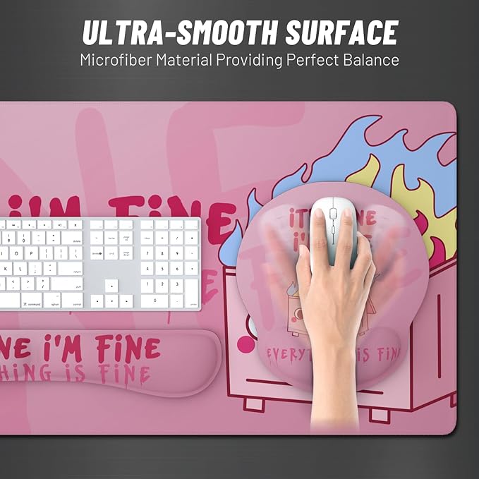 Ovenbird Mouse Pad Set 4-in-1 | Large Gaming Mousepad Keyboard Wrist Rest Mouse Wrist Support Coaster | Ergonomic Office Desk Mat Accessories for Women Men | 4PCS 35.4 x 15.7in Pink Dumpster