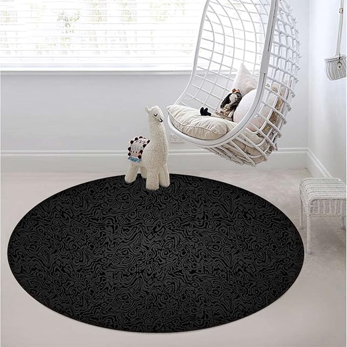 Medieval Ornament Round Area Rug Swivel Chair Mats for Hardwood Floor Washable Waterproof Spill Mat Anti-Slip Floor Protector Baroque Curved Flower LinesBlack Grey Diameter 35.5 in