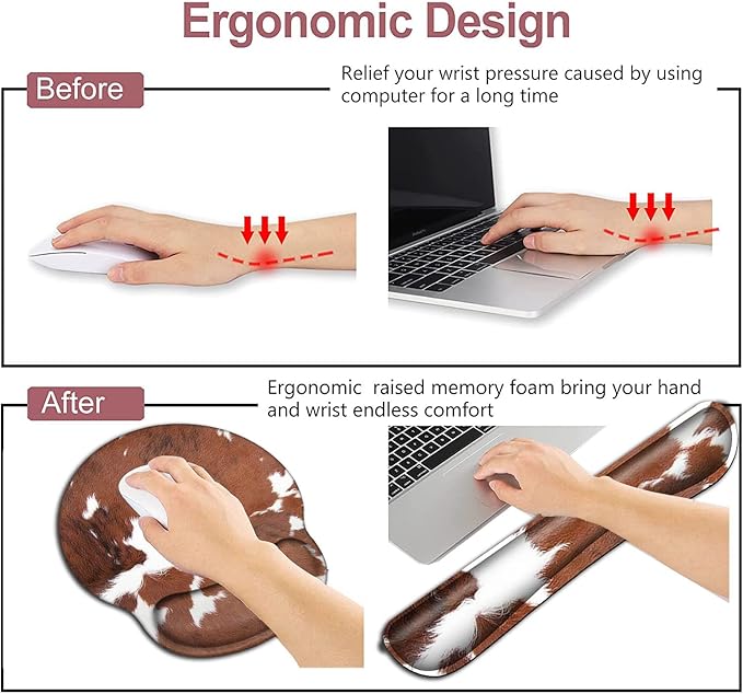 Keyboard Wrist Rest and Mouse Pad with Wrist Support Ergonomic Mousepad Coaster Easy Typing Pain Relief Keyboard Set Memory Foam Keyboard Wrist RestCowhide Farm Animal Skin Leopard Brown Cow