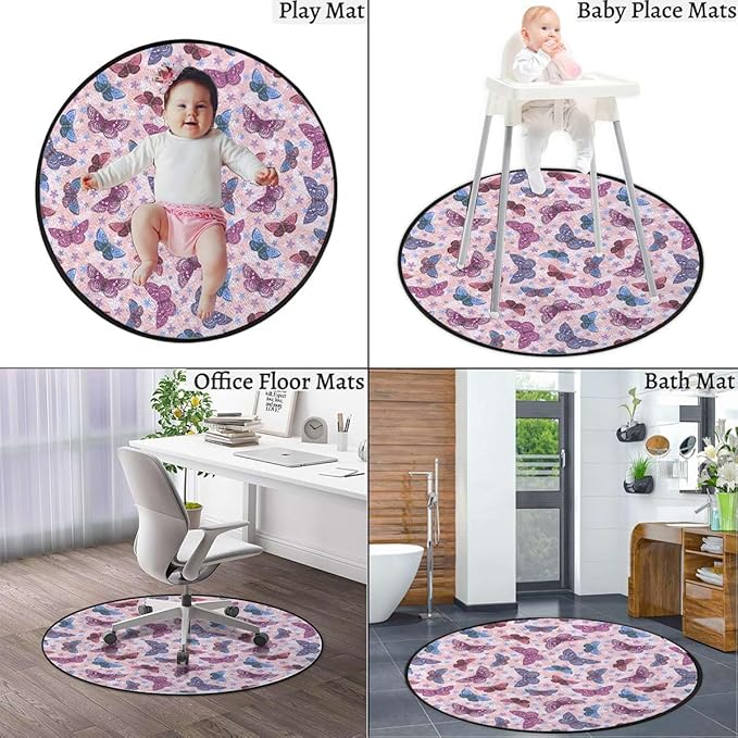 Pink Round Area Rug Swivel Chair Mats for Hardwood Floor Washable Waterproof Spill Mat Anti-Slip Floor Protector Colorful Doodle Animal Wings Girls Design Diameter 59 in