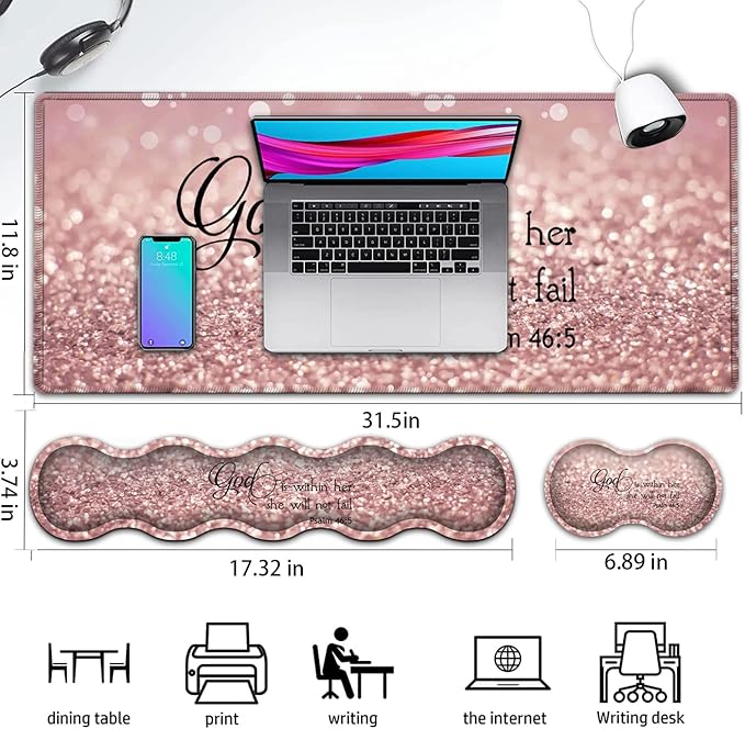 Large Gaming Mouse PadExtended Office Desk MatWaterproof Desk Writing Pad for Office/Home Ergonomic Mouse &ampKeyboard Wrist RestPsalm 46:5 Pattern Laptop Desk Pad Pink Mousepad Wrist Support