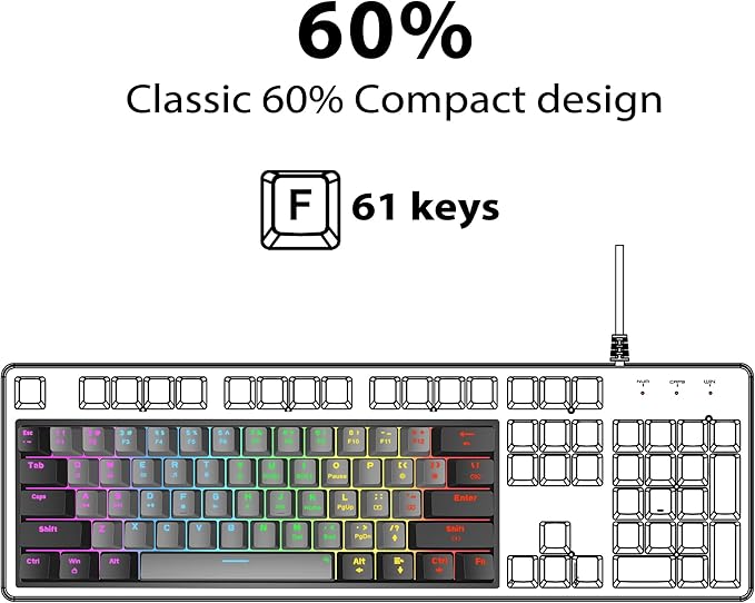 Snpurdiri 60 Percent Machanical Keyboard Red Switches Full Anti-Ghosting 60% Gaming Keyboard Rainbow Backlit for PC Gamer Office Business (Black-Grey Red Switches)