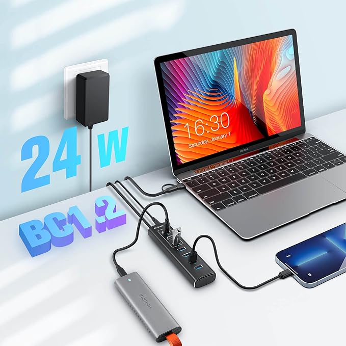 Powered USB Hub Rosonway 7-Port USB 3.2/USB C Hub with 10Gbps USB-A 3.2 2 USB-C 3.2 4 USB 3.0 Ports Individual Switches and 12V Power Adapter Aluminum USB Port Expander for Laptop/PC RSH-A107C
