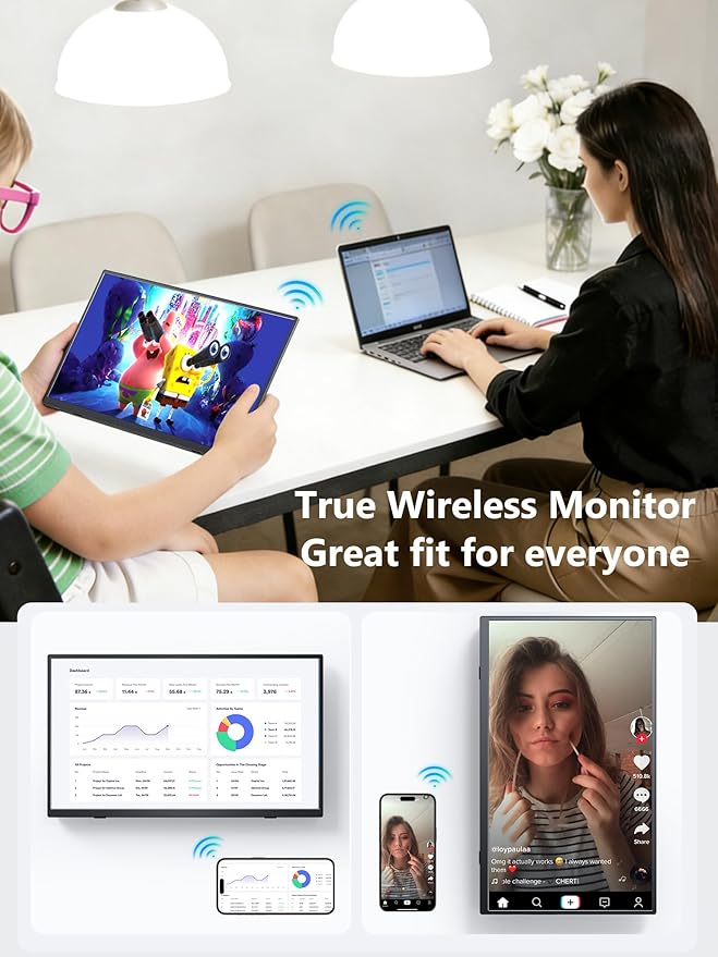 Wireless Portable Monitor with Battery Wireless Monitor for Laptop-15.6 1080P FHD Travel Monitor for Laptop Support AirPlay Miracast for Windows/Mac/Android/iOS