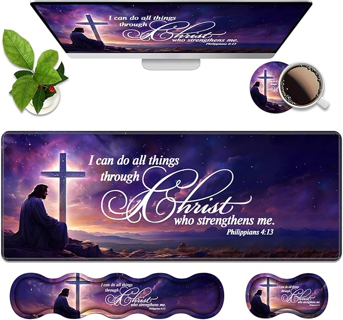 4 in 1 Ergonomic Memory Foam Mouse Pad Wrist Rest Set Large XXL Gaming Desk Pad + Keyboard Wrist Rest + Mouse Wrist Cushion + Coaster for Home Office Study Gaming Bible Verse Philippians 4:13