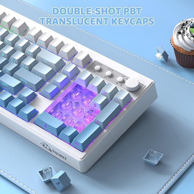 ZIYOU LANG K100 Wireless Gaming Keyboard99 Keys Tri-Mode BT/2.4GHz/USB-C Creamy Color Keyboard with Number Pad RGBMedia Knob Custom Programmable Computer Keyboards for PC/Mac/Xbox (Blue)