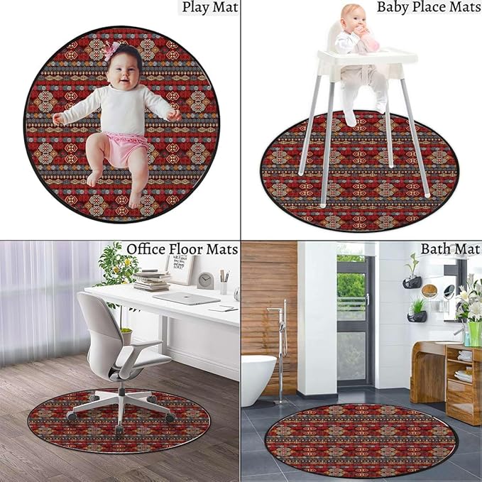 Dark Coral Blush White Round RugCircle RugFarmhouse Distressed Non Slip Area Rug Round Rugs for Living Room Kitchen Bedroom Bathroom Abstract Geometric Pattern Diameter 39.4 in