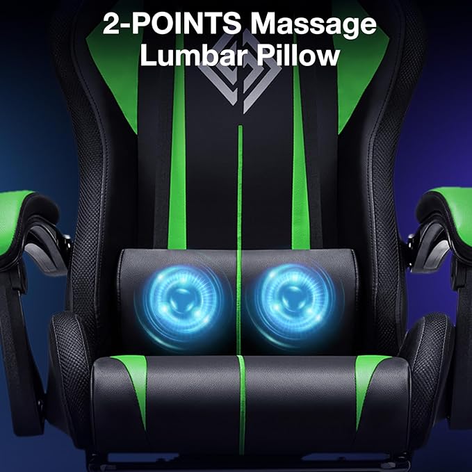 Gaming Chair Massage with LED RGB Lights and Footrest Ergonomic Computer Chair High Back Video Game Chair with Adjustable Lumbar Support Linkage Armrest Green and Black