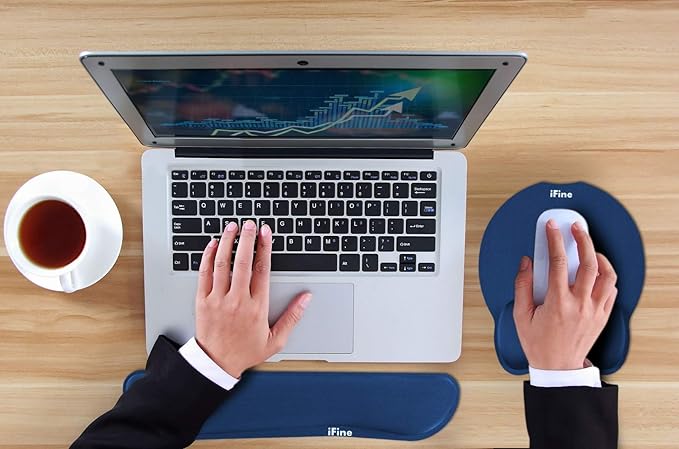 iFine Upgrade Enlarged Superfine Fibre Soft Smooth Memory Foam Ergonomic Mouse Pad &amp Keyboard Wrist Rest for Desktop Laptop Mac Gaming Office School or Home for Stress Free Typing (Blue Two Sets)