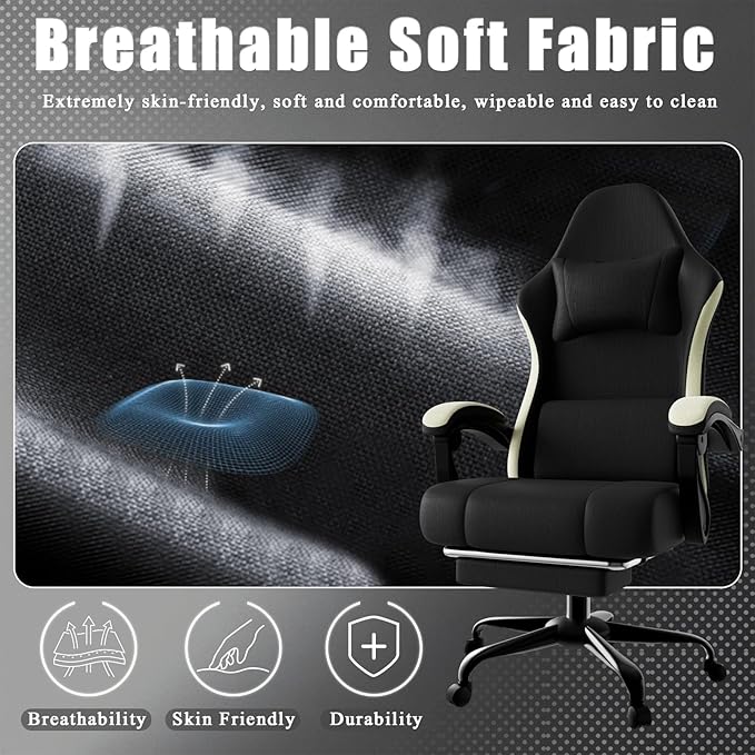 Gaming Chair High Back Fabric Computer Chair with Pocketed Spring Cushion and Footrest Height Adjustable Game Chair with Headrest and Lumbar Support (Beige &amp Black)