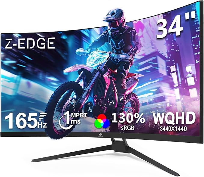 Z-Edge 34 Curved Gaming Monitor WQHD 1440P 165Hz 144Hz PC Monitor MPRT 1ms 21:9 Aspect Ratio 1500R 16.7M Colors 3000:1 Contrast UG34 Frameless Bezel 2X DP 1.4 Ports and 2X HDMI 2.0 Port