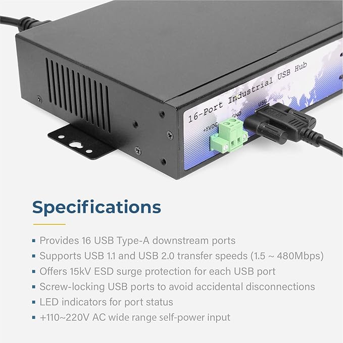 Coolgear 16 Port USB 2.0 Rack-Mountable Hub w/Internal Power Supply ESD Surge Protection &amp Port Status LEDs