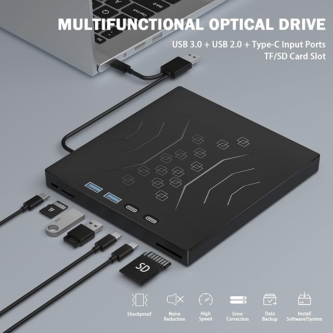 7 in 1 External DVD Drive External CD/DVD Drive for Laptop USB 3.0 &amp Type-C Portable CD/DVD +/-RW Disk Drive CD/DVD Burner CD ROM External Drive for Laptop Desktop PC Windows 10/11 XP Mac Linux