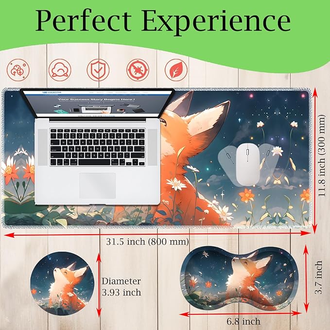 3-in-1 Large Mouse Pad Gaming Set (31.5 x 11.8 inch)+ Wrist Rest Pad + Coaster Memory Foam Gel Wrist Rest Pad for Pain Relief Stitched Edges Non-Slip Table Mat Red Fox Under The Stars