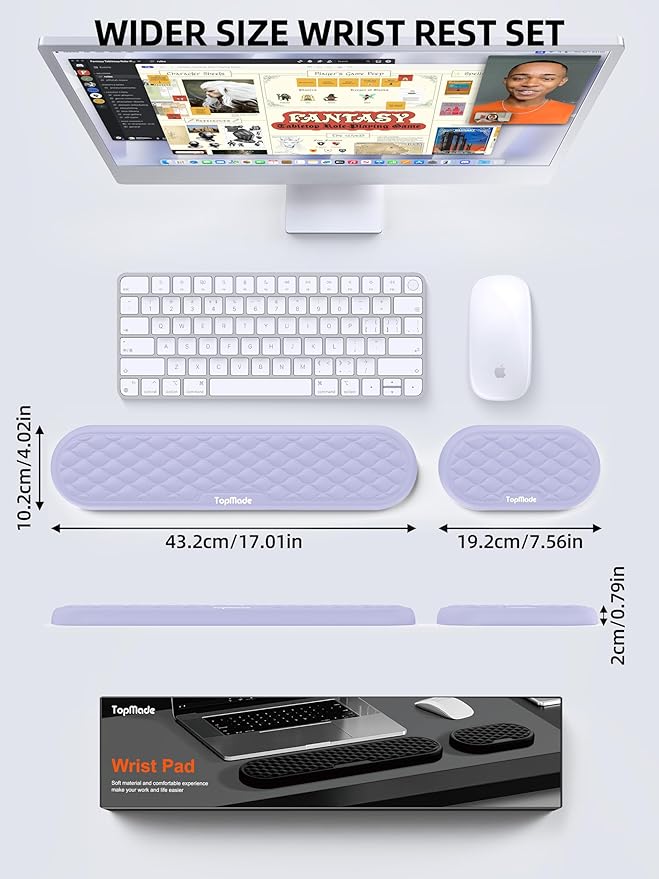 TopMade Upgraded Wider Wrist Rest Set Soft Memory Foam Keyboard Hand Rest Pad Computer Ergonomic Keyboard Mouse Wrist Support for Typing Pain Relief Comfort for Office Gaming Study Purple