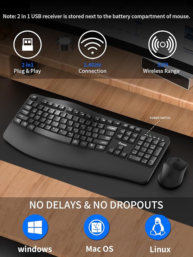 Wireless Keyboard and Mouse Combo2.4G Full Size Wave Keys Ergonomic Keyboard with Wrist Rest for Natural Typing 3 DPI Adjustable Ergonomic Silent Mouse for Computer/Laptop/Windows/Mac (Black)