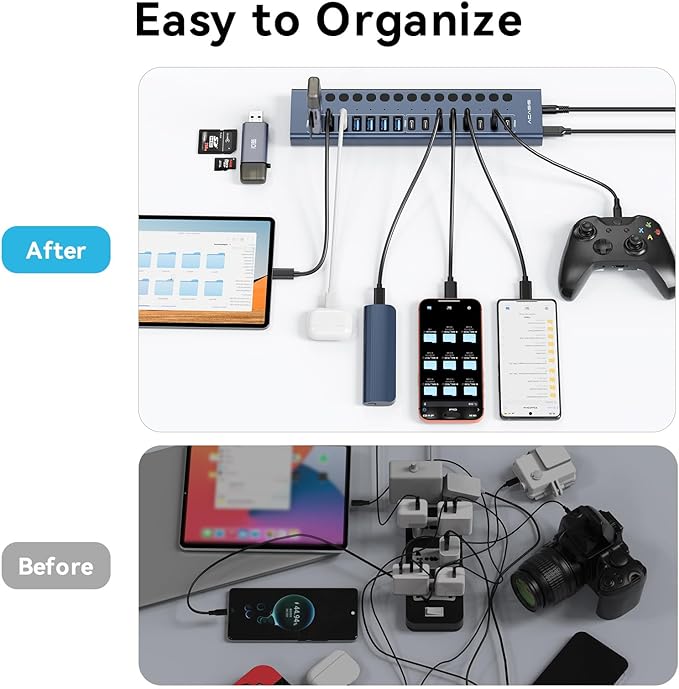 Powered USB 3.2 Hub ACASIS 16 Ports USB 3.2 Hub(8 USB-A 3.2 Ports+8 USB-C 3.2 Ports) Aluminum USB Hub Powered with 96W Power Adapter USB Hub for PC/Laptop Computer Flash Drive Printer Camera