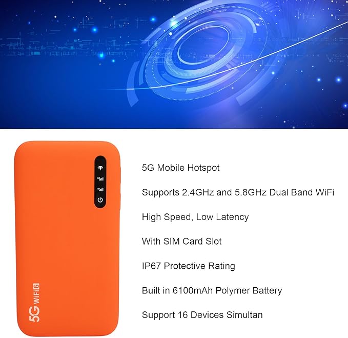 Dioche 5g Hotspot5G Mobile Hotspot Portable WiFi Router with SIM Card Slot Double Band WiFi6 Supports 16 Devices Builtin 6100mAh Battery