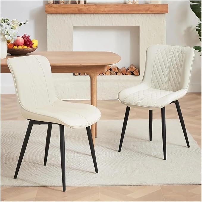 Adjustable Office Computer Chair with Armrest 2pcs Leather Upholstered Dining Chairs with Solid Metal Legs Curved Backrest(Beige)