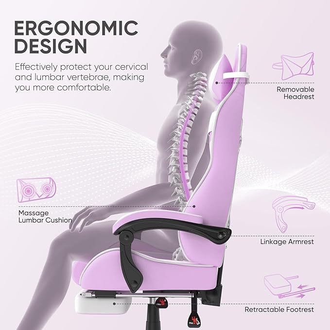 Huracan Gaming Computer Chair with Footrest Adjustable Video Game Chairs for Adults Heavy Duty Office Chair with Headrest and Lumbar Support Light Purple
