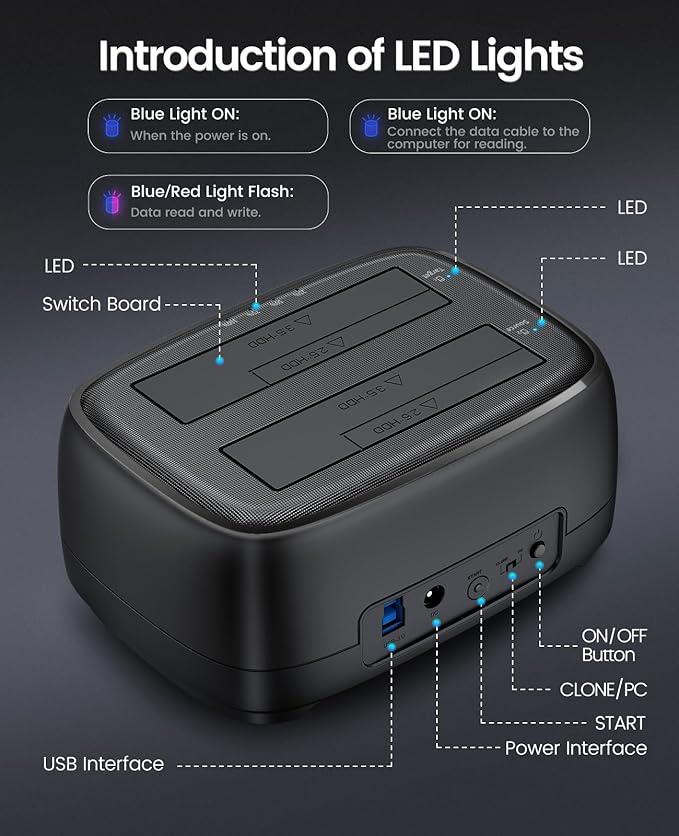 ORICO Hard Drive Docking Station Dual Bay USB 3.0 to SATA with Duplicator/Offline Clone Function External Hard Drive Dock for 2.5''/3.5'' HDD SSD Max Up to 44TB Support UASP Plug&ampPlay-DD-C
