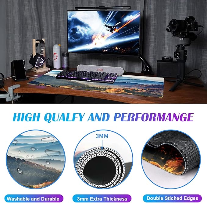 Large Extended Gaming Mouse Pad with Stitched Edges Non-Slip Waterproof Rubber Base Mouse Pad for Office Computer Keyboard Laptop and Home Desk Pad 35.4 x 15.7 x 0.12 Inch (Mountain Landscape)