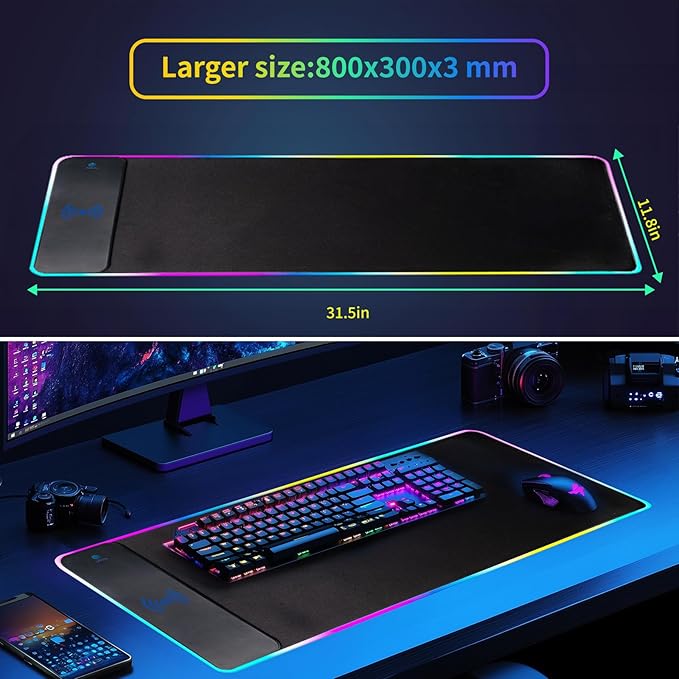 RGB Gaming Mouse Pad with Wireless Charging 15W LED Mouse Mat 31.5 * 11.8 in 10 Light Modes Extra Large Mousepad Non-Slip Rubber Base Computer Keyboard Mat for Gaming MacBook PC Laptop Desk