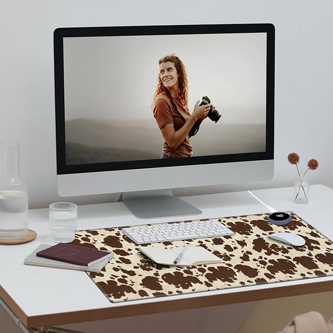 Warm Desk Pad Warm Mouse Pad Gaming Office Desk Matwith 3 Levels Heated &amp 3 Hours Auto Shut - 23.6 x 14.2 inch PU Leather Laptop Keyboard Mat for Home Office Hand WarmerBrown Cow Print Pattern