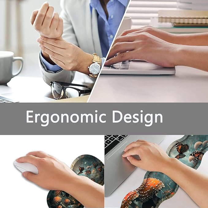Large Gaming Mouse Pad + Keyboard Wrist Rest + Wrist Support + Coaster Set Memory Foam Ergonomic for Easy Typing XXL Extended Gaming Mouse Pad Table Pad - Mushroom Forest Butterfly