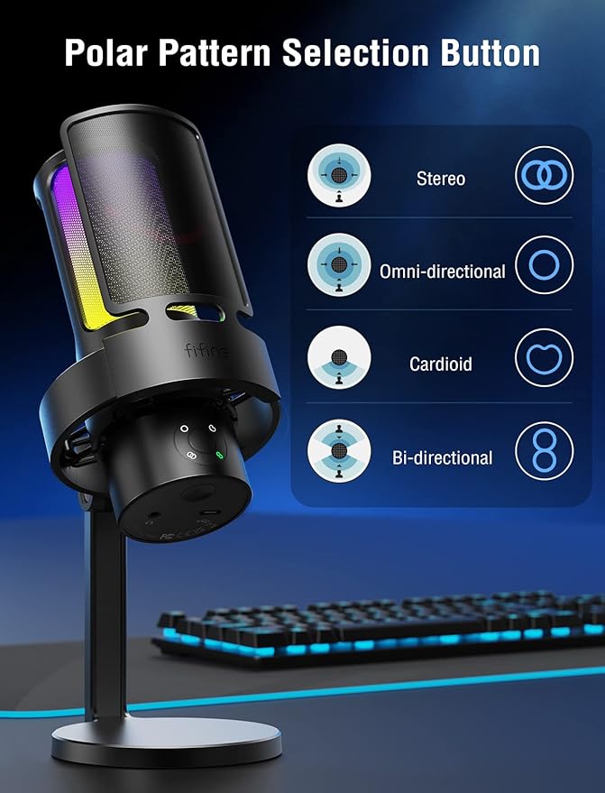 FIFINE Gaming USB Microphone PC Computer Mic with 4 Polar Patterns for Podcast Streaming Recording YouTube RGB Condenser Desktop Mic for Windows Mac with Headphone Jack-AmpliGame A8 Plus